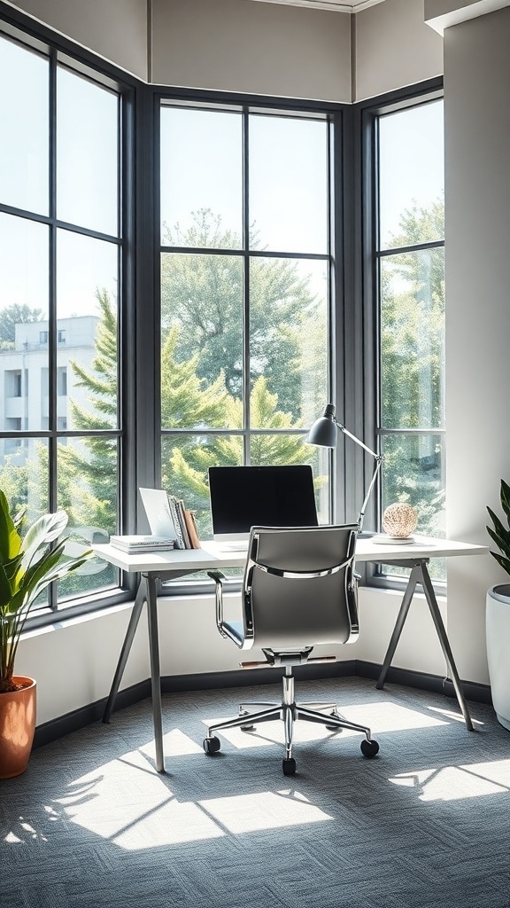 A bright corner office with large windows, a modern desk, and plants.