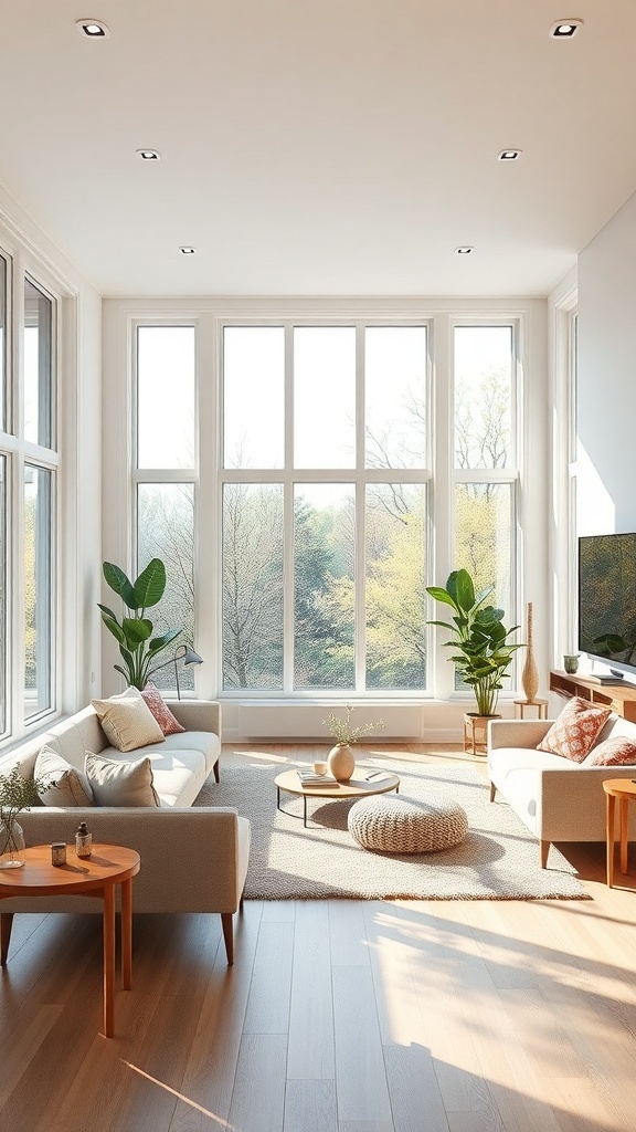 Bright and airy I-shaped living room with large windows, cozy sofas, and plants.