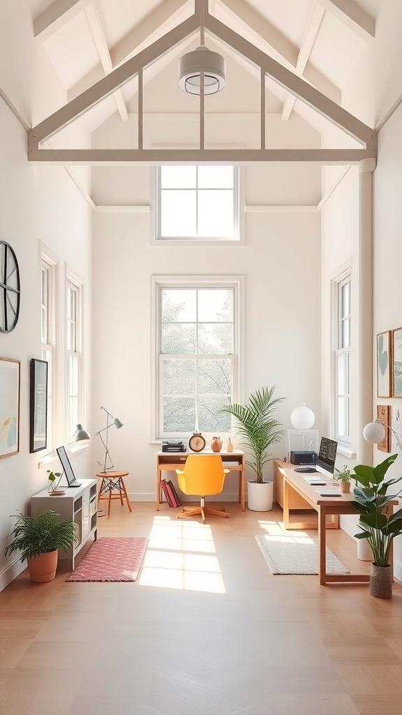 Bright and airy loft home office with high ceilings, large windows, and modern furniture.