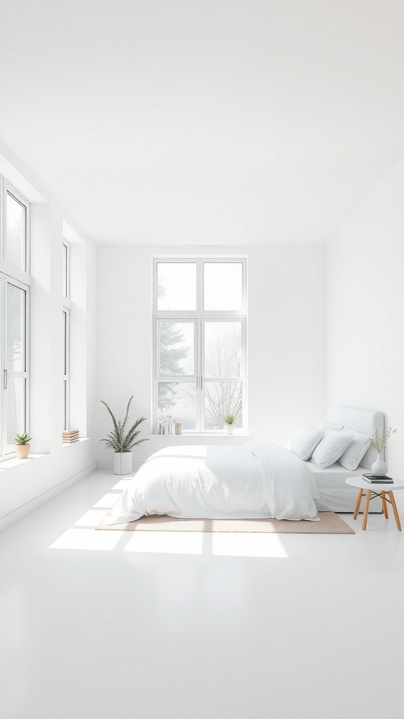 Bright and airy white-dominant bedroom with large windows and minimal decor
