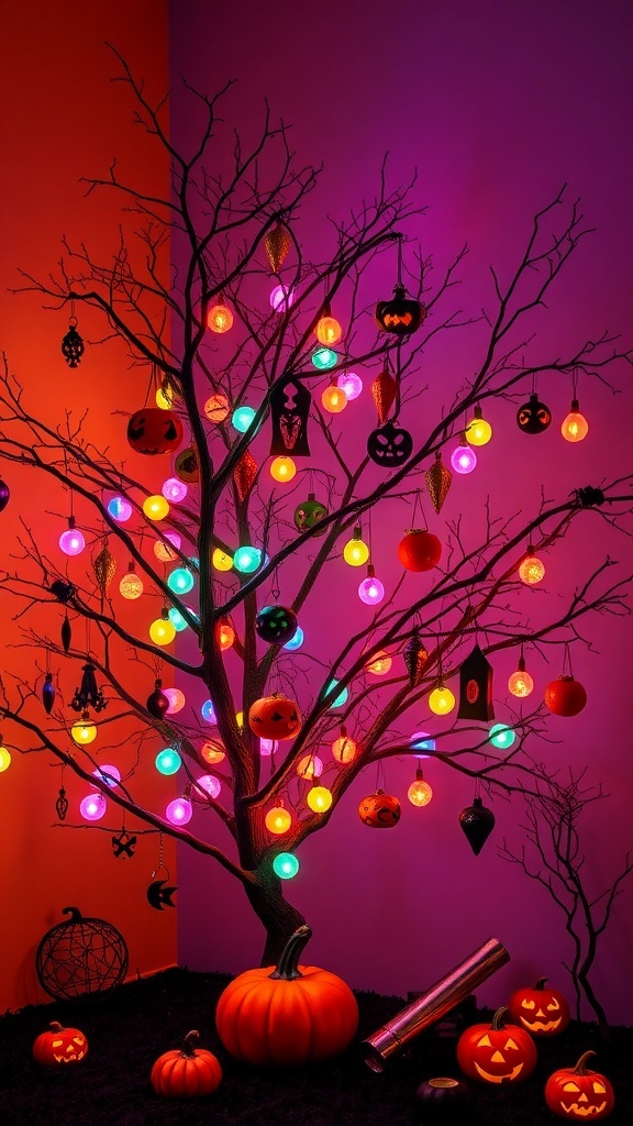 A Halloween tree with colorful lights and decorations, featuring pumpkins and spooky ornaments.