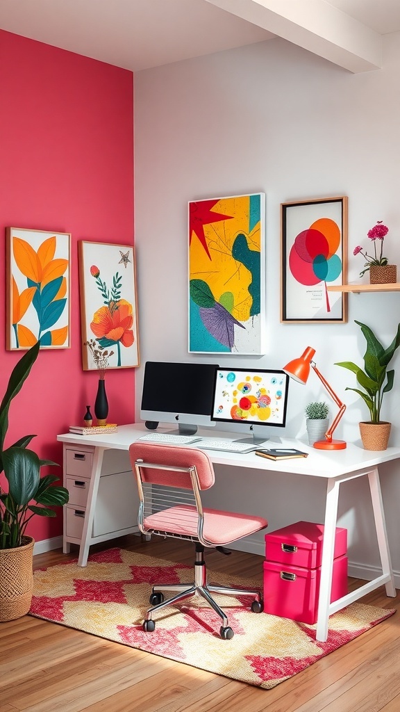 A bright and colorful home office featuring a pink wall, modern desk, and vibrant artwork.