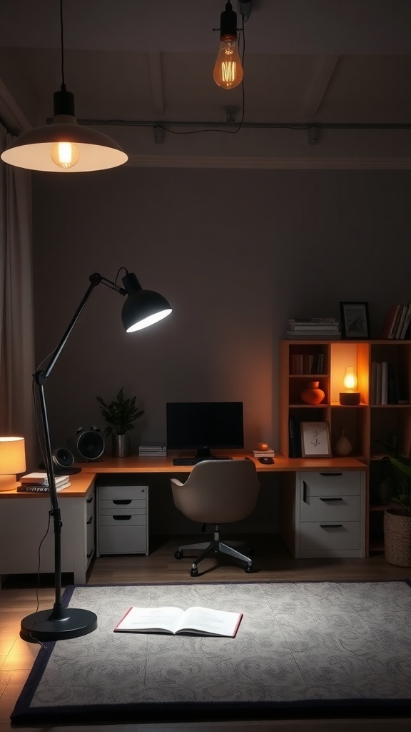 A stylish home office with layered lighting, featuring a floor lamp, desk lamp, and warm overhead lights.