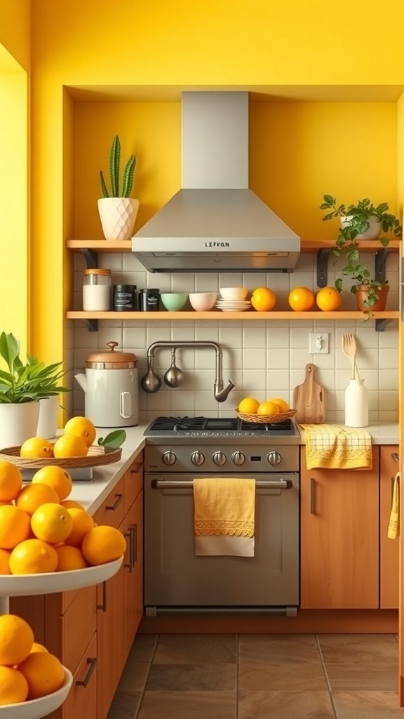A bright kitchen with yellow walls, wooden cabinets, and oranges on the counter.