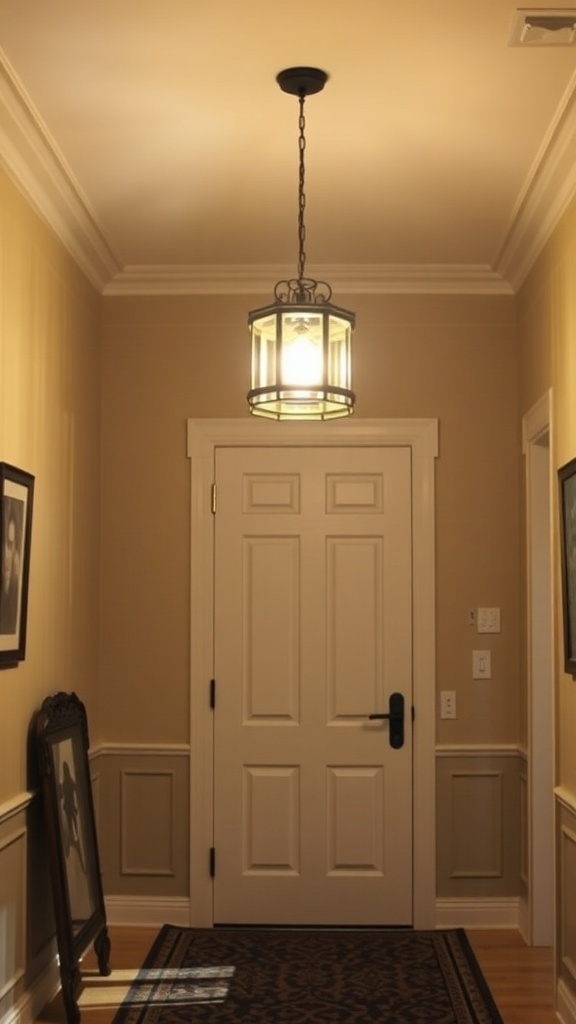 A bright pendant light hanging in a hallway, illuminating the space with a warm glow.