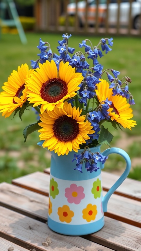 A colorful pitcher filled with bright sunflowers and bluebells, set on a wooden table.
