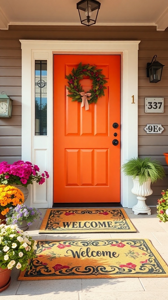 A bright front porch with orange door, layered welcome mats, and colorful flowers.