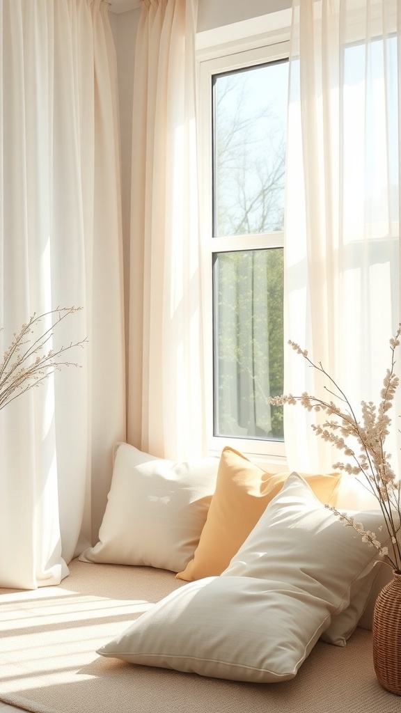 A cozy nook with light curtains and soft cushions, illuminated by sunlight.