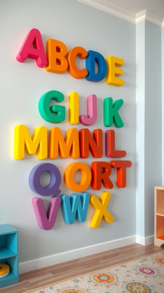Colorful wooden alphabet letters on a playroom wall