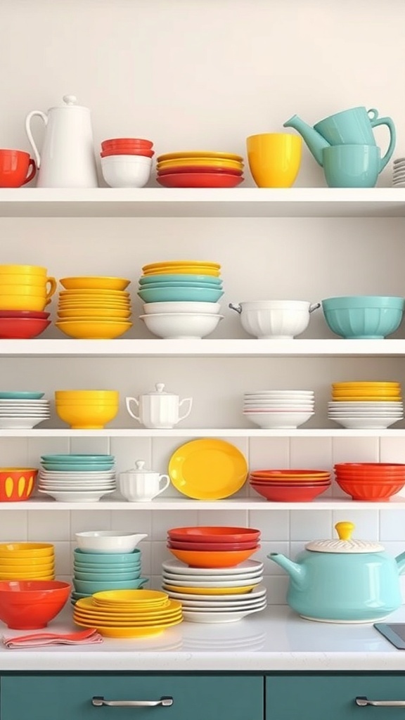 A colorful arrangement of dishware on shelves, featuring red, yellow, turquoise, and white plates and bowls.