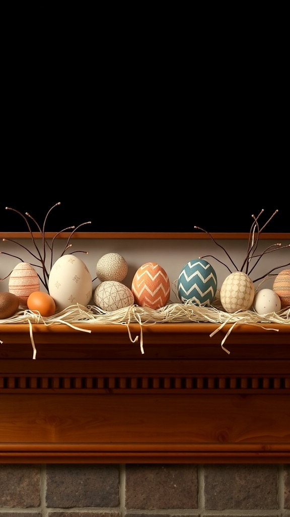 A mantel decorated with colorful eggs and twigs, showcasing a spring theme.