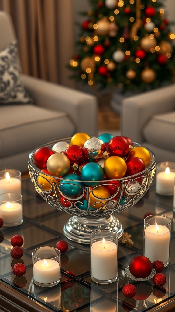 A bowl filled with colorful Christmas ornaments surrounded by candles and a decorated Christmas tree.