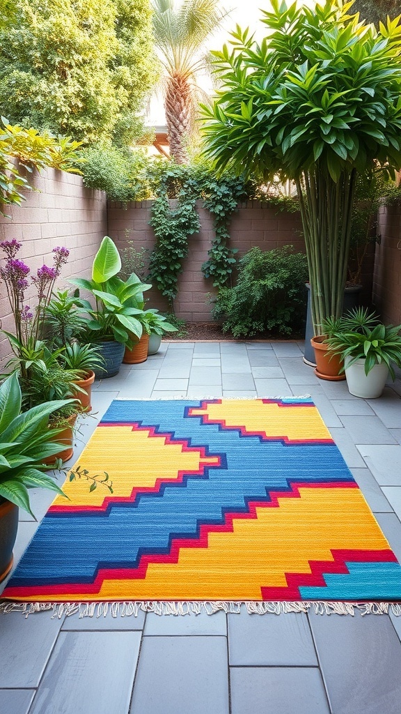 A brightly colored outdoor rug with geometric patterns on a patio surrounded by plants.