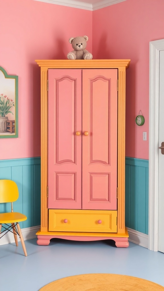 Brightly painted corner wardrobe in pink and yellow with a teddy bear on top