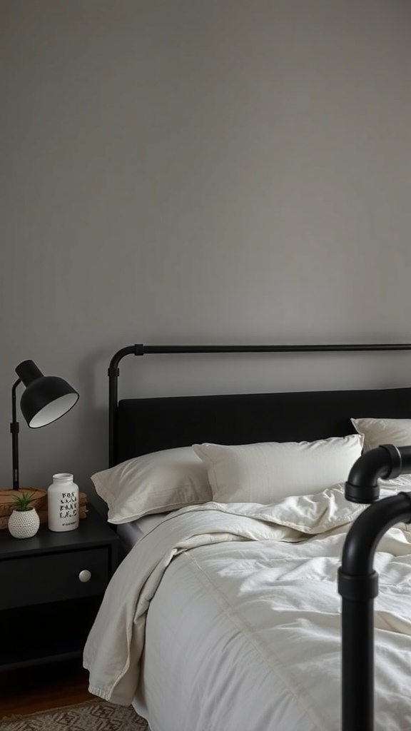 A cozy dark feminine bedroom featuring a black nightstand and lamp, with soft bedding.