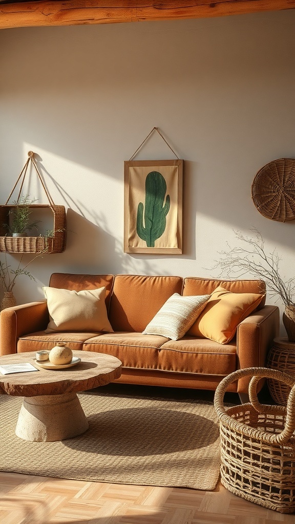 A cozy living room featuring a brown sofa, wooden coffee table, and woven baskets, creating an organic classic look.