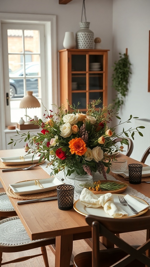 A modern farmhouse dining room with a wooden table set for a meal, featuring a vibrant floral centerpiece and warm lighting.