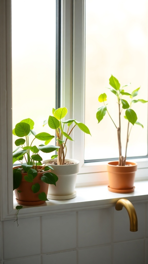 Three potted plants on a bathroom windowsill, adding a touch of greenery and freshness.