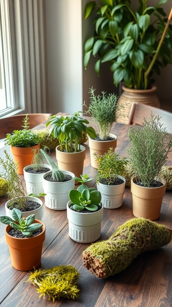 A collection of potted plants on a wooden table, showcasing various herbs and succulents with moss accents.