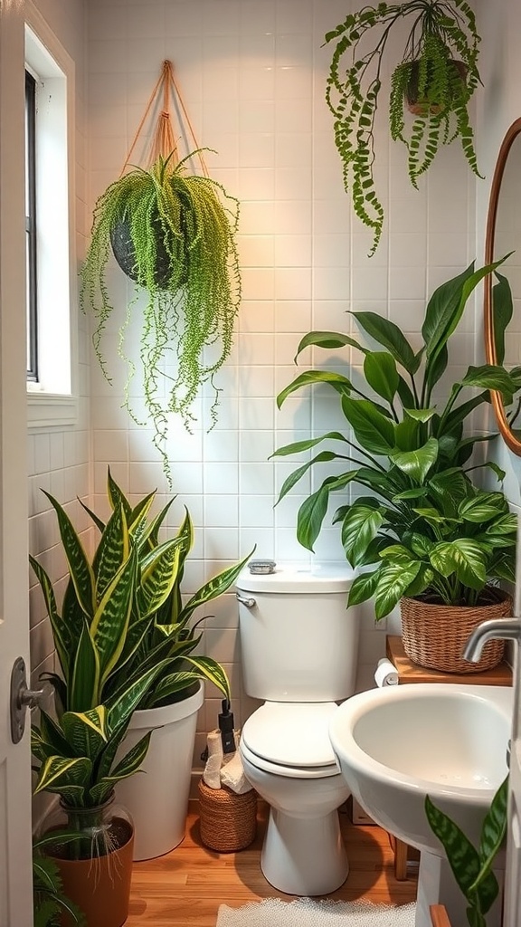 A small bathroom filled with various indoor plants, including snake plants and ferns, creating a fresh and vibrant atmosphere.