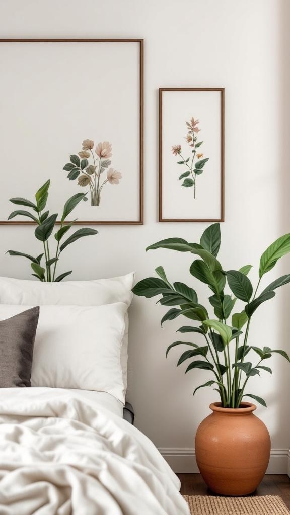 A cozy bedroom corner featuring botanical art and green plants.