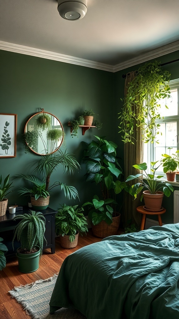 A cozy bedroom featuring various indoor plants against moody green walls, creating a vibrant and inviting atmosphere.