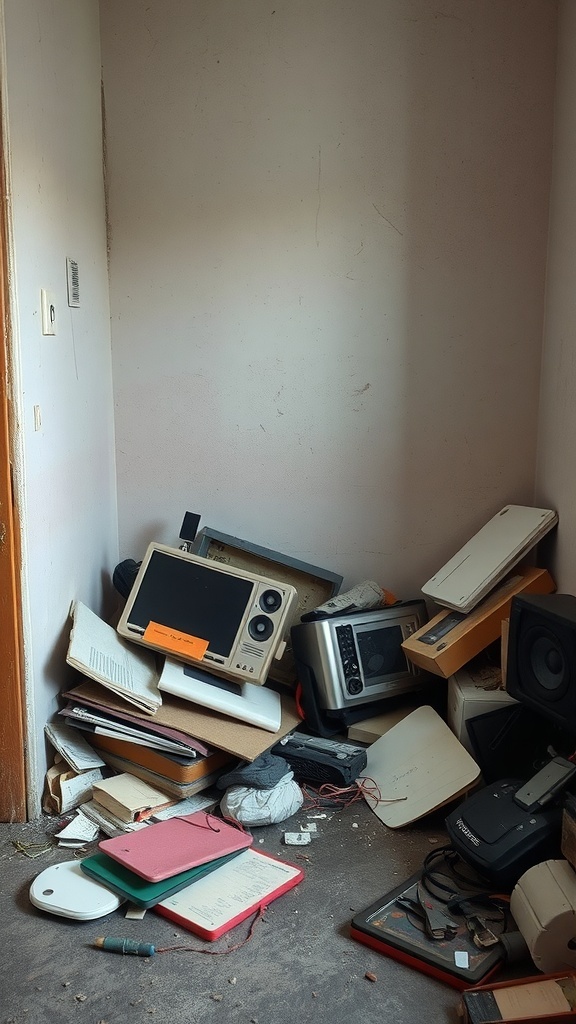 A cluttered corner filled with broken electronics and papers, showcasing the need to declutter.