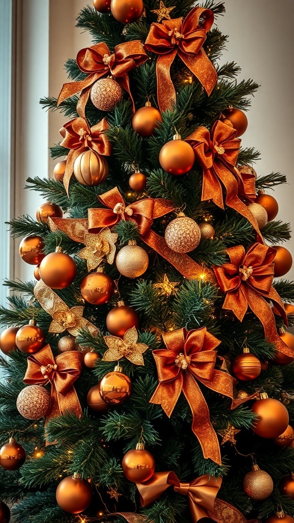 A Christmas tree decorated with bronze and copper ornaments and ribbons, featuring warm white lights.
