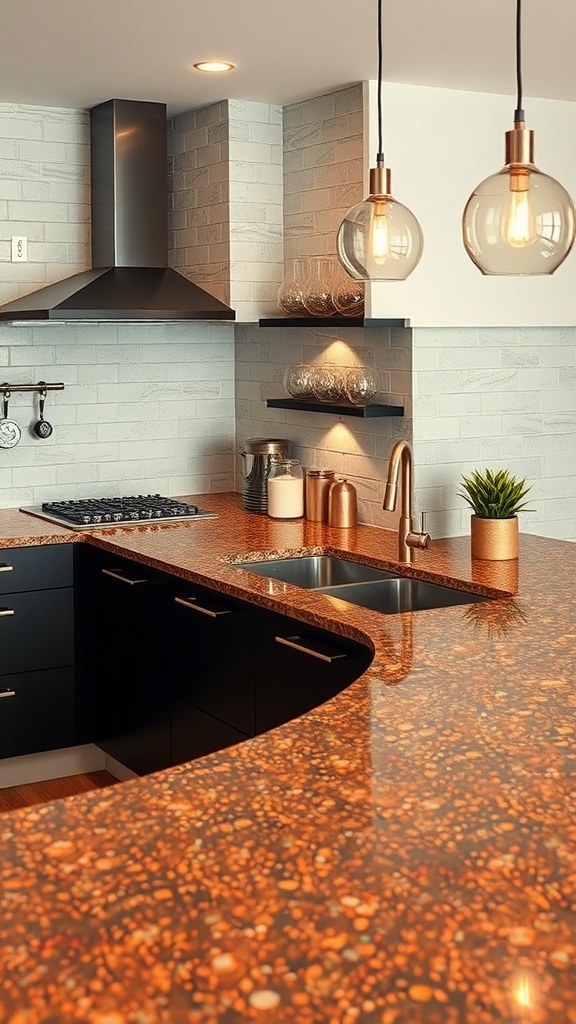 A modern kitchen featuring a bronze and copper fleck recycled glass countertop, with dark cabinetry and stylish pendant lighting.