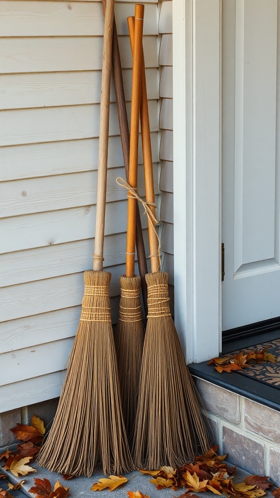 Three rustic broomsticks leaning against a porch wall with autumn leaves scattered on the ground.