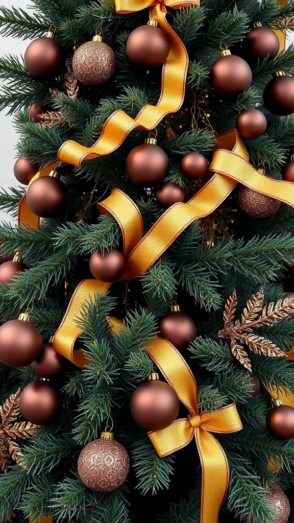 A beautifully decorated Christmas tree featuring brown and gold ornaments, with elegant ribbons and warm white lights.