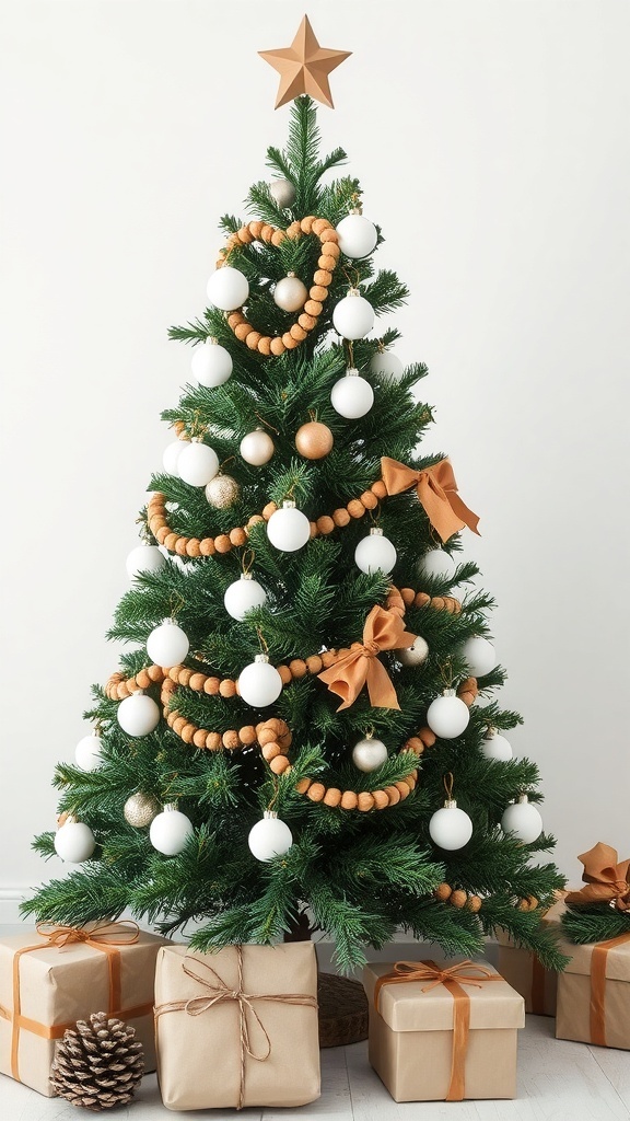 A Christmas tree decorated in brown and white with wooden beads, white ornaments, and wrapped gifts underneath.