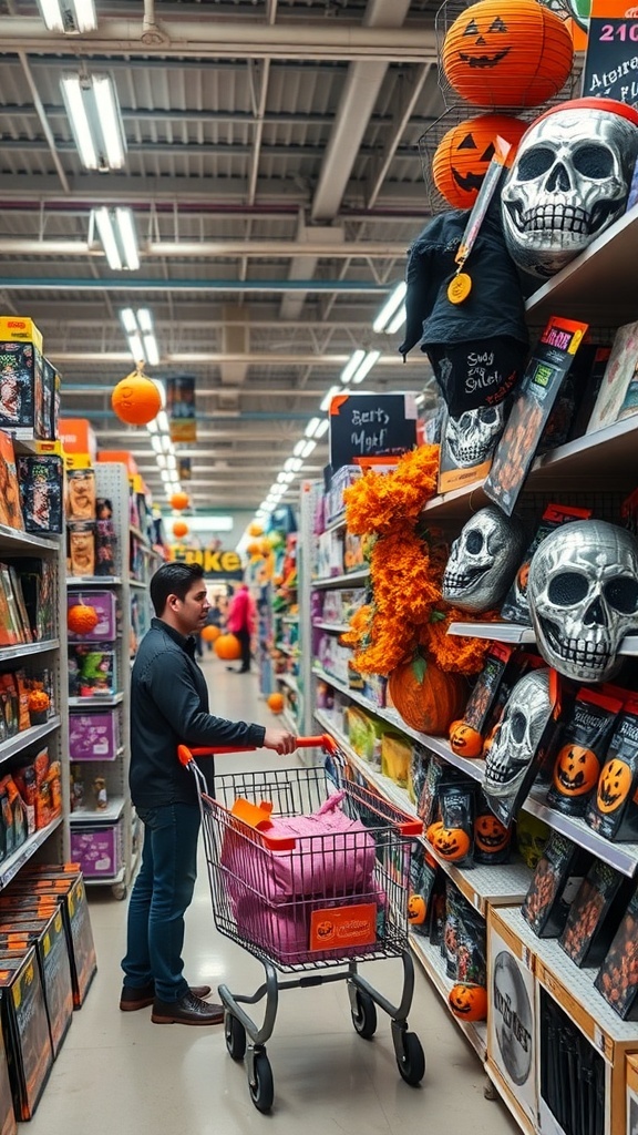 A shopper in a store aisle filled with Halloween decorations, including pumpkins and skulls.