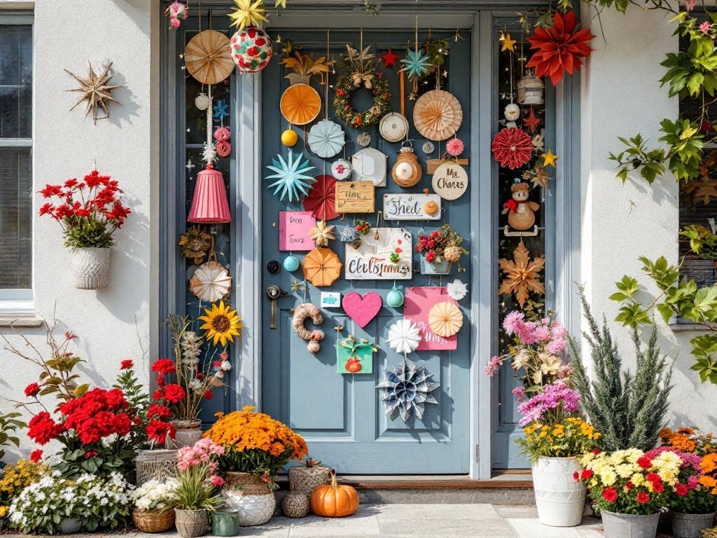 A colorful front door decorated with flowers and festive decor