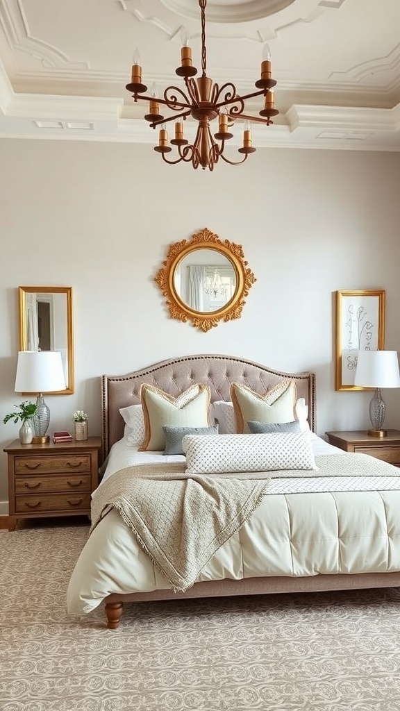 A luxurious bedroom featuring a stylish headboard, elegant chandelier, and tasteful decor.