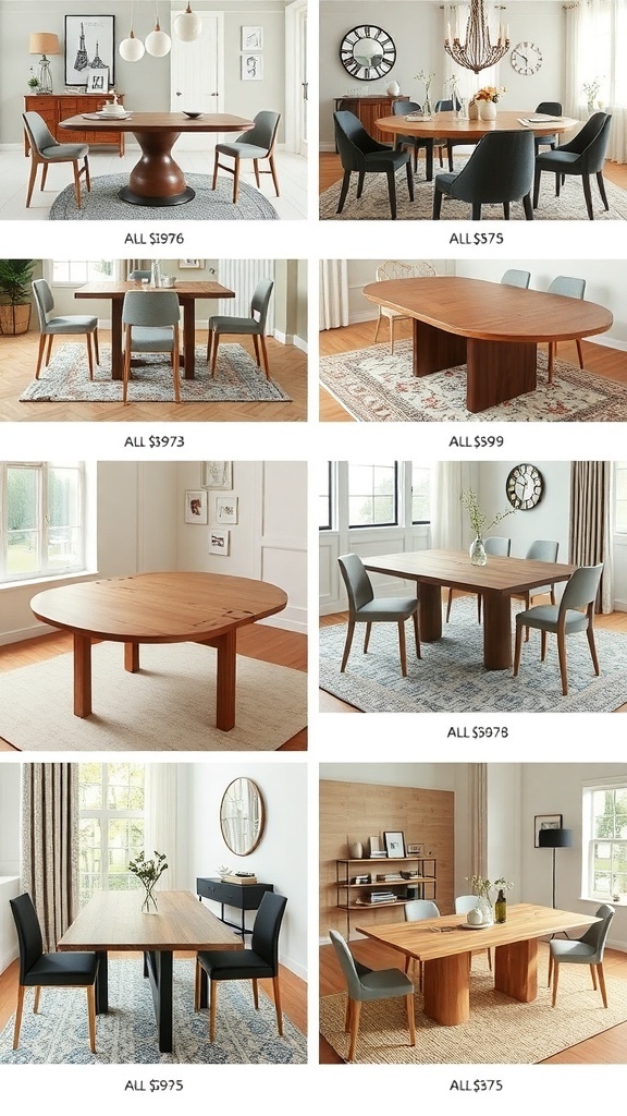 A collage of various extendable dining tables with prices ranging from $375 to $1976.