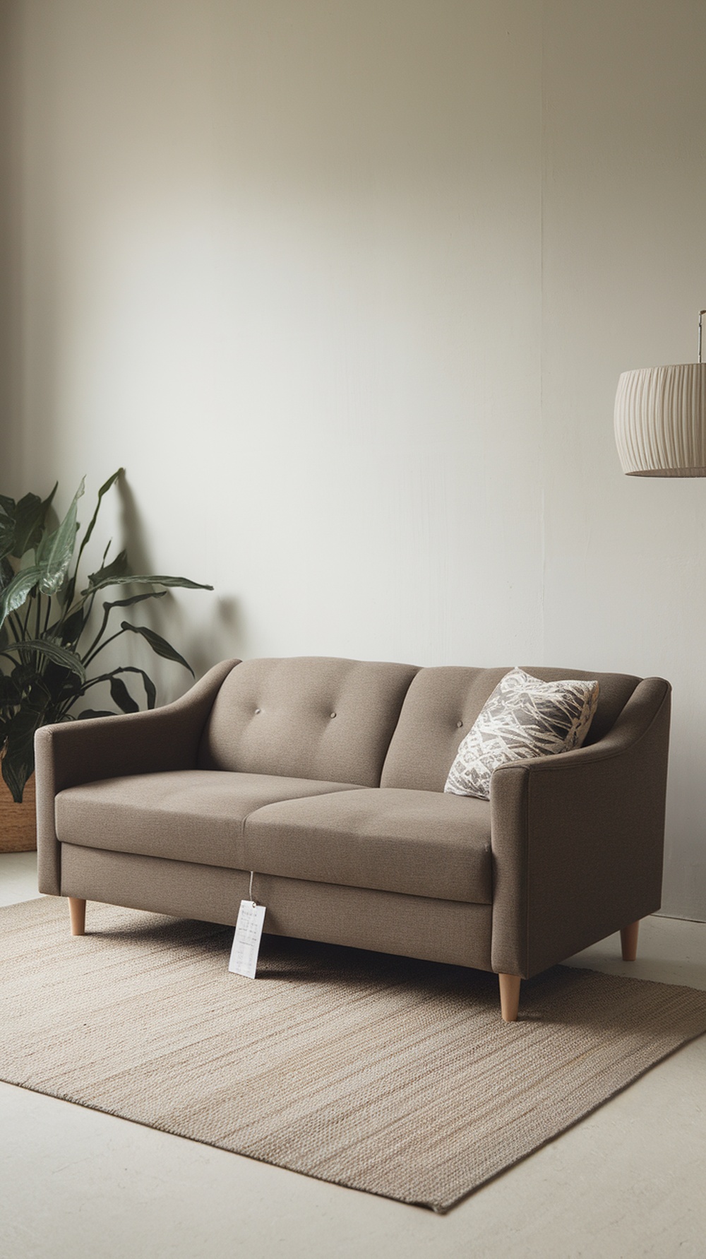 A stylish click-clack sofa bed in a modern living room setting with a price tag of $3199.