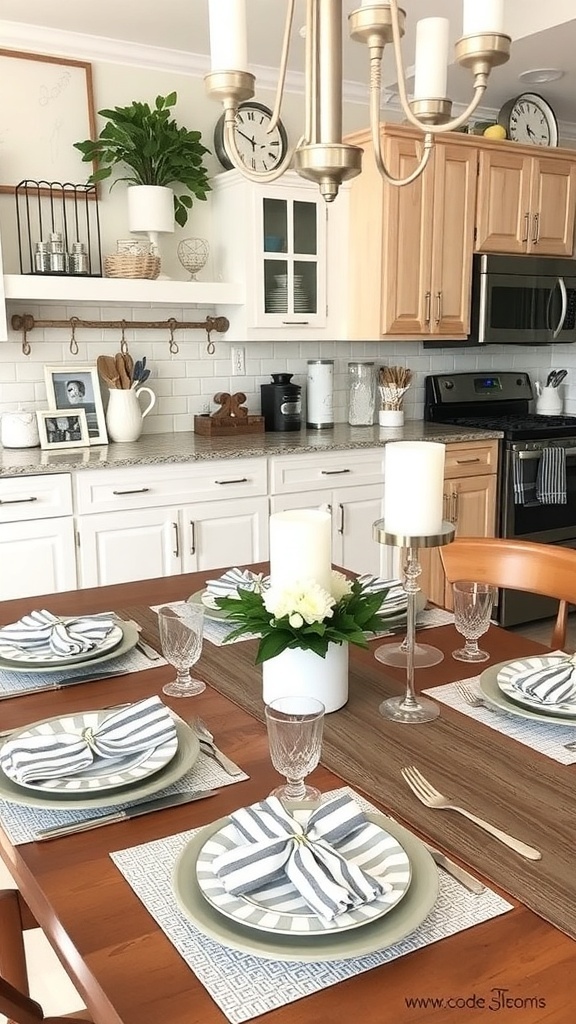 A beautifully styled kitchen table for spring with green plates, striped napkins, and a floral centerpiece.