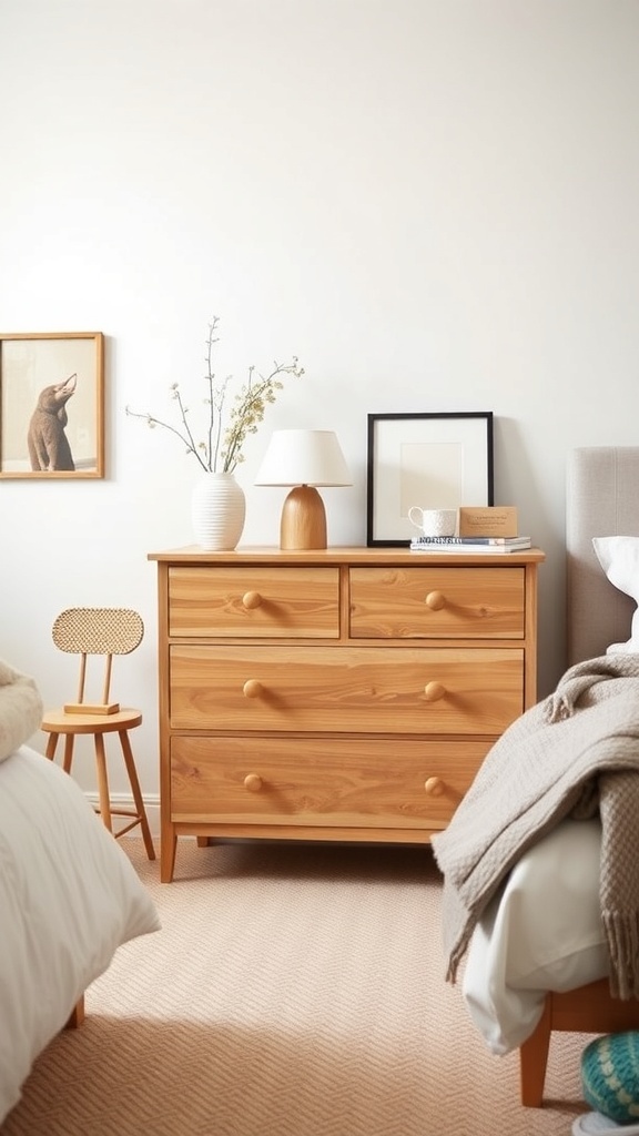 A wooden chest of drawers in a cozy bedroom setting, featuring a lamp and decorative items.