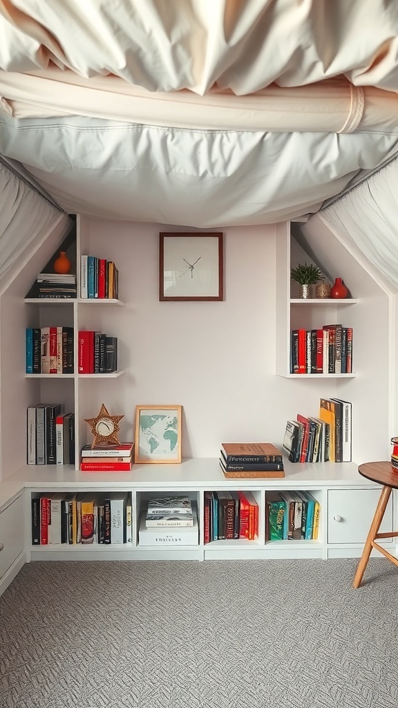 Under-bunk bed space featuring built-in bookshelves and cabinets, styled with books and decorative items.