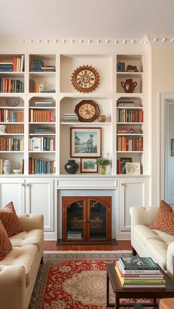 A cozy living room with built-in bookshelves, featuring books, decorative items, and a stone fireplace.