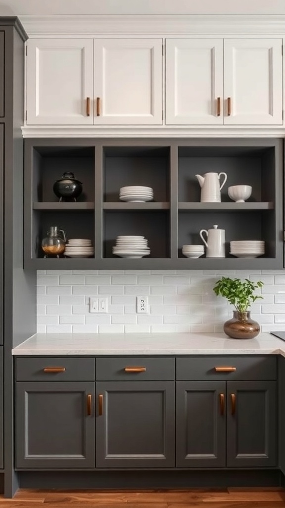 Stylish built-in cabinetry in a kitchen featuring dark grey lower cabinets and white upper cabinets with open shelving.