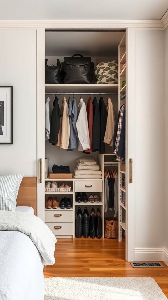 A well-organized built-in closet system with clothes, shoes, and accessories neatly arranged.
