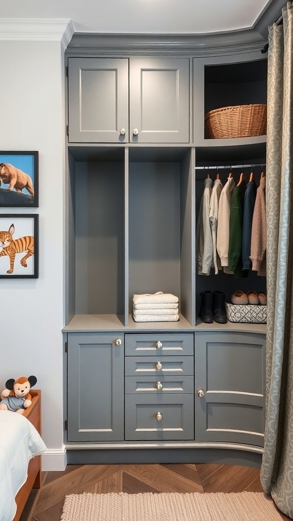 Built-in corner closet system with shelves and drawers in a kids' room