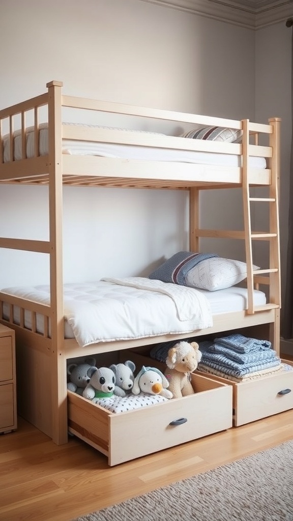 A wooden bunk bed with built-in drawers underneath, showcasing stuffed animals and neatly folded blankets.