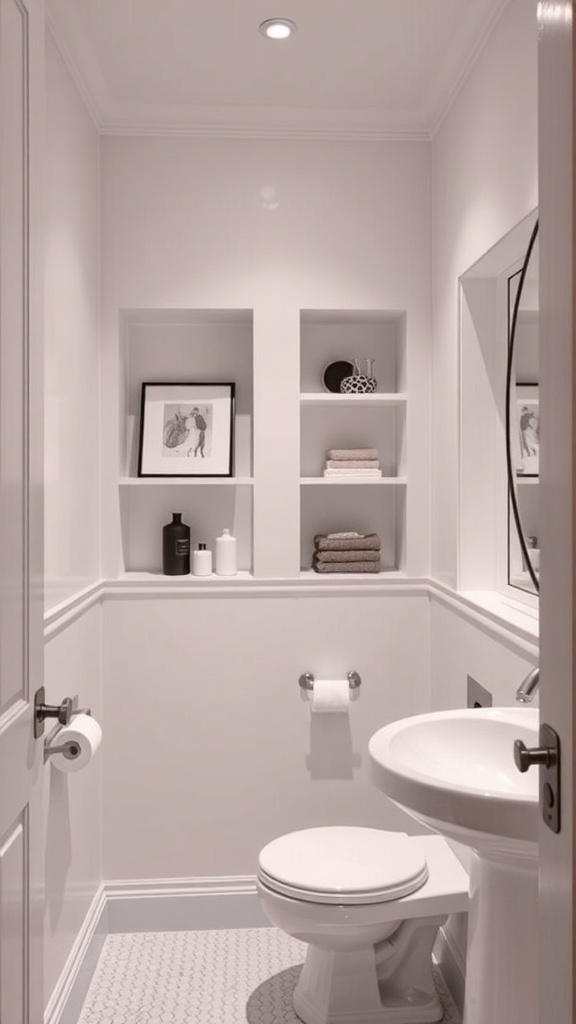 A small bathroom featuring built-in niches and recessed shelving for storage.