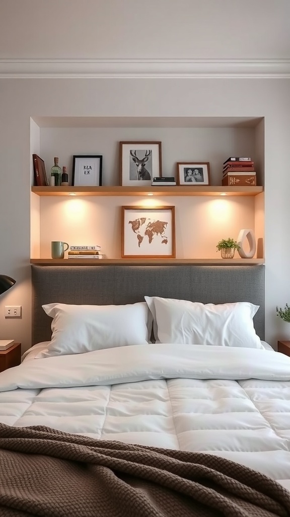 A cozy bedroom featuring a built-in shelf headboard with decorative items and soft lighting.