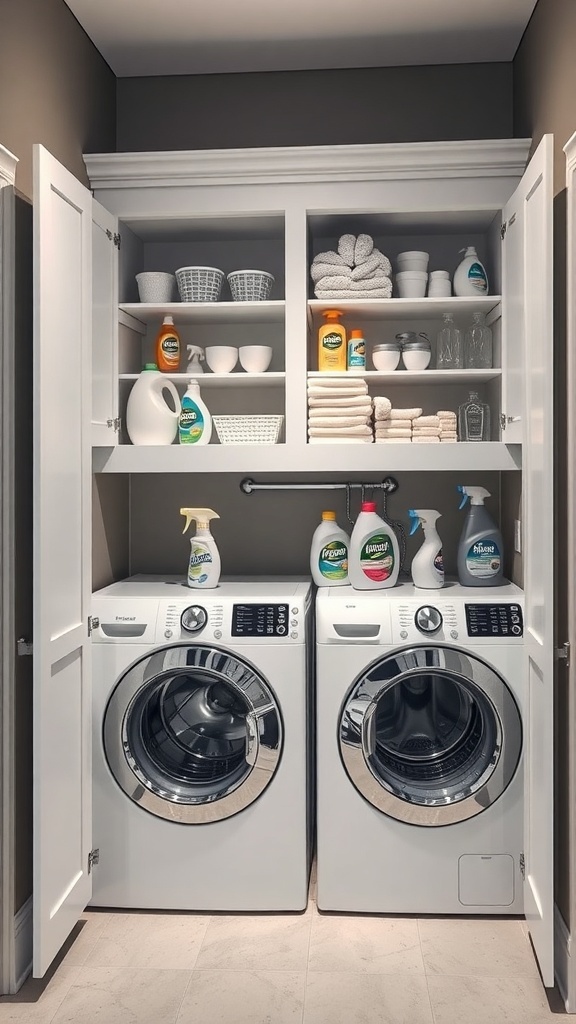A modern laundry room featuring built-in storage cabinets, neatly organized with cleaning supplies and towels above a washer and dryer.