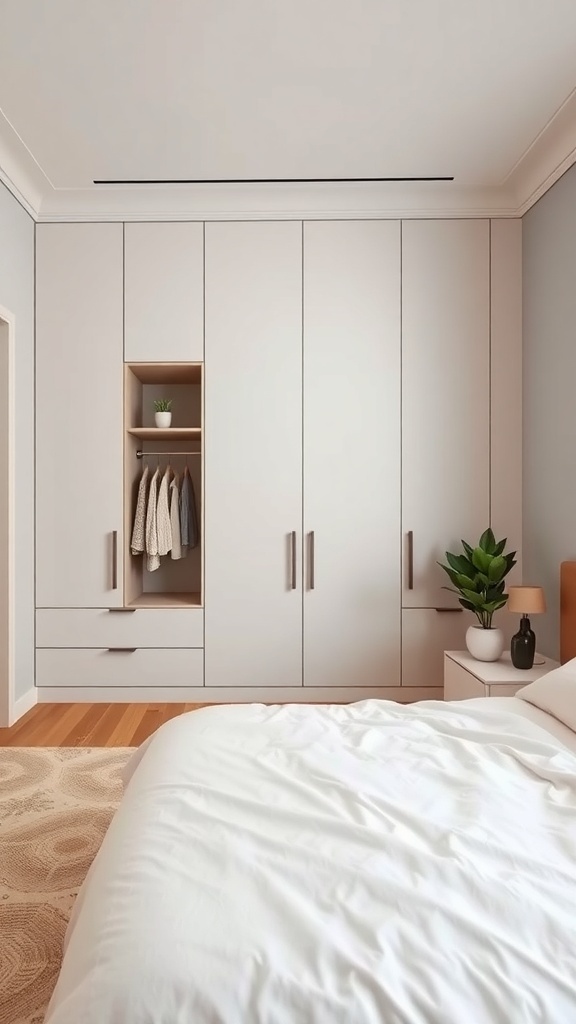 A modern bedroom featuring built-in storage with clean lines, showcasing a wardrobe with drawers and an open shelf for plants.