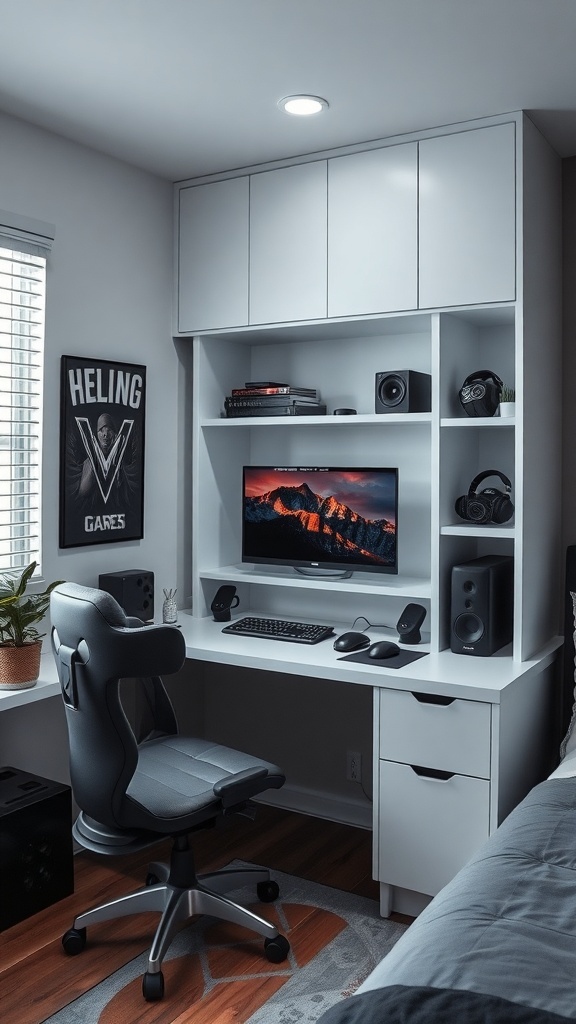 A modern built-in wall desk with a gaming setup, featuring a computer monitor, speakers, and a comfortable gaming chair.